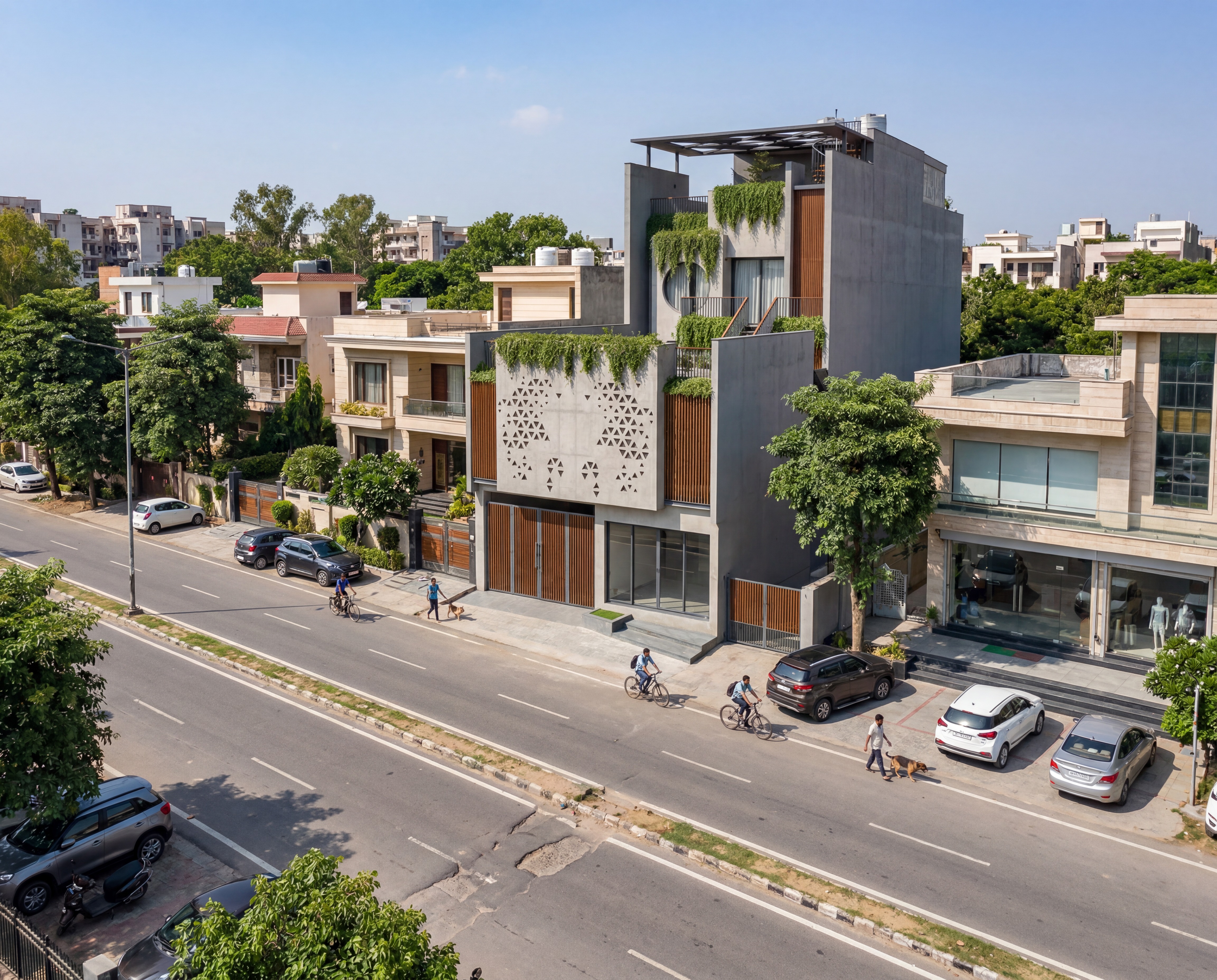 A contemporary tropical residence in Ghaziabad that blends bold architectural massing with cascading greenery, creating a seamless connection between nature and modern living.