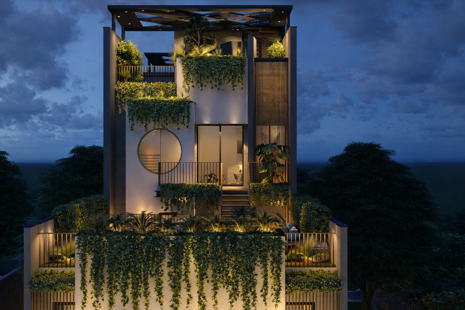 A contemporary tropical residence in Ghaziabad that blends bold architectural massing with cascading greenery, creating a seamless connection between nature and modern living.