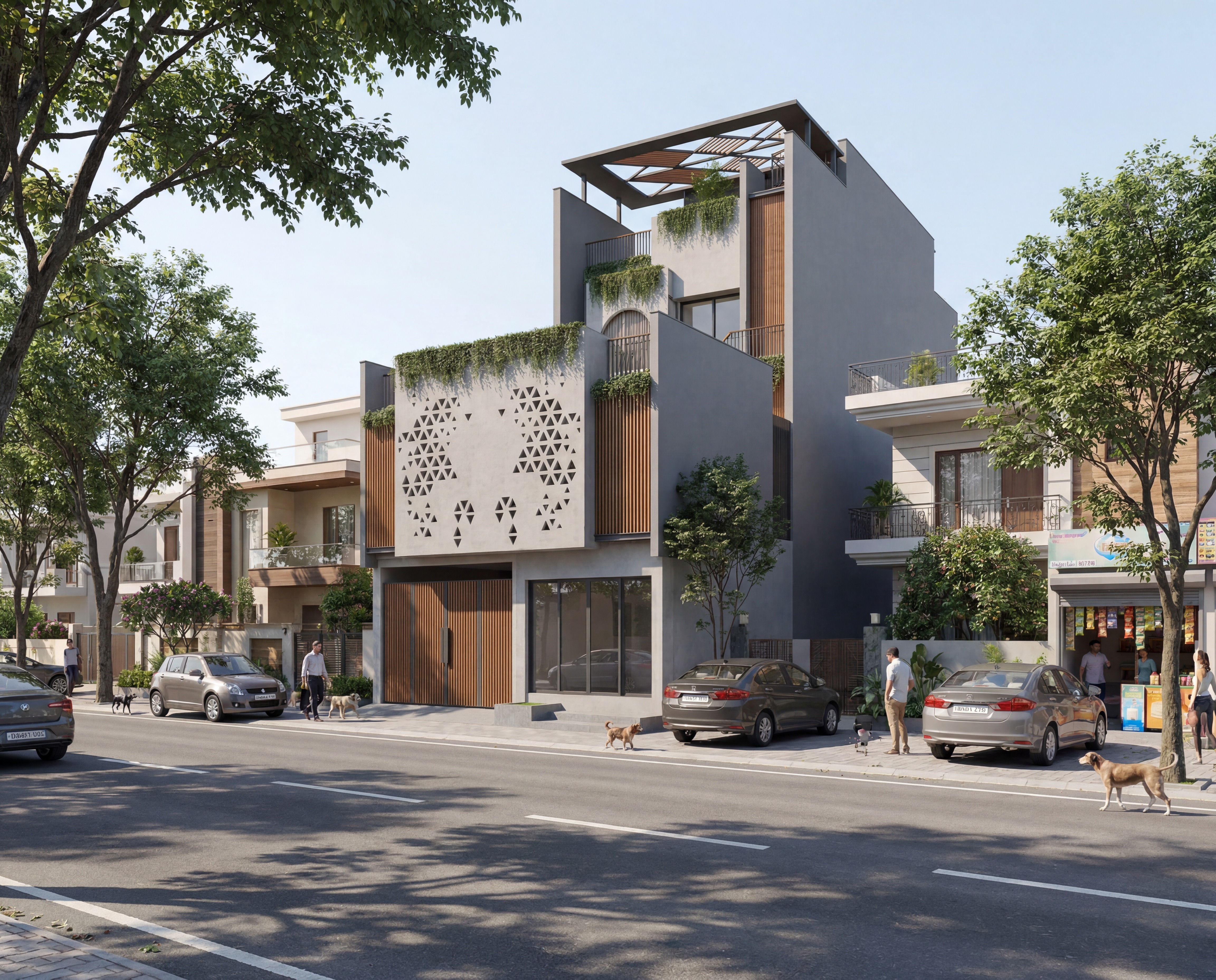 A contemporary tropical residence in Ghaziabad that blends bold architectural massing with cascading greenery, creating a seamless connection between nature and modern living.