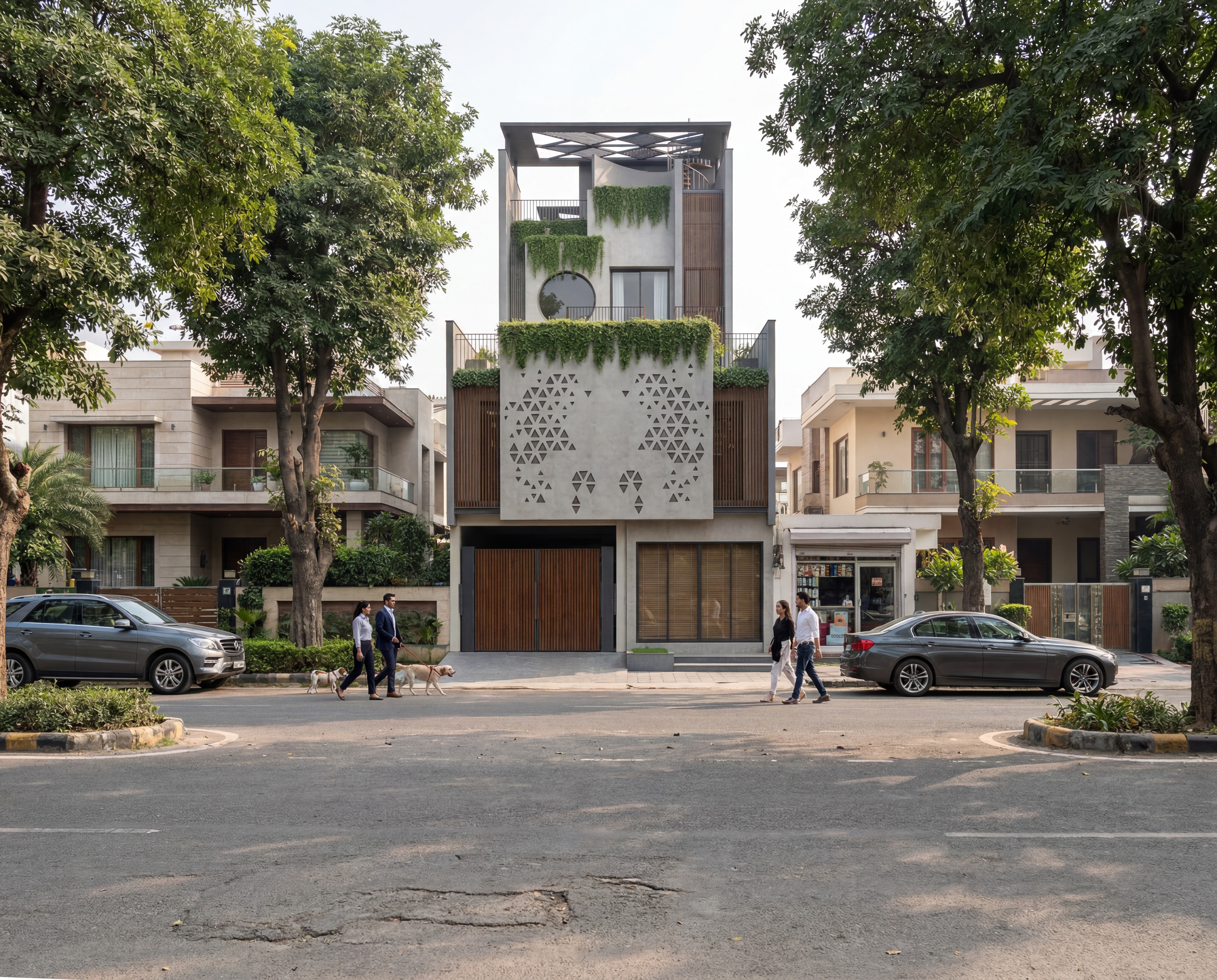 A contemporary tropical residence in Ghaziabad that blends bold architectural massing with cascading greenery, creating a seamless connection between nature and modern living.
