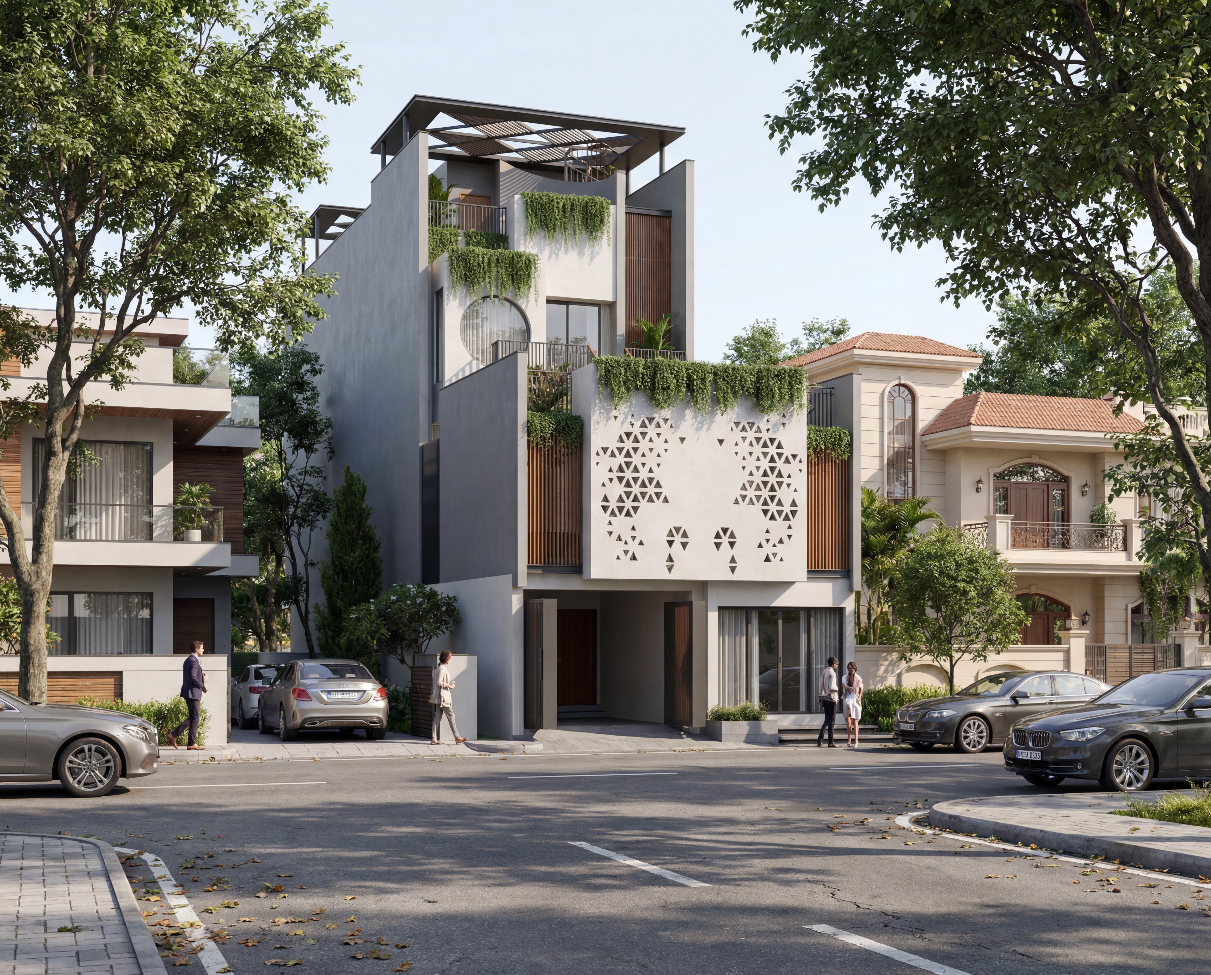 A contemporary tropical residence in Ghaziabad that blends bold architectural massing with cascading greenery, creating a seamless connection between nature and modern living.