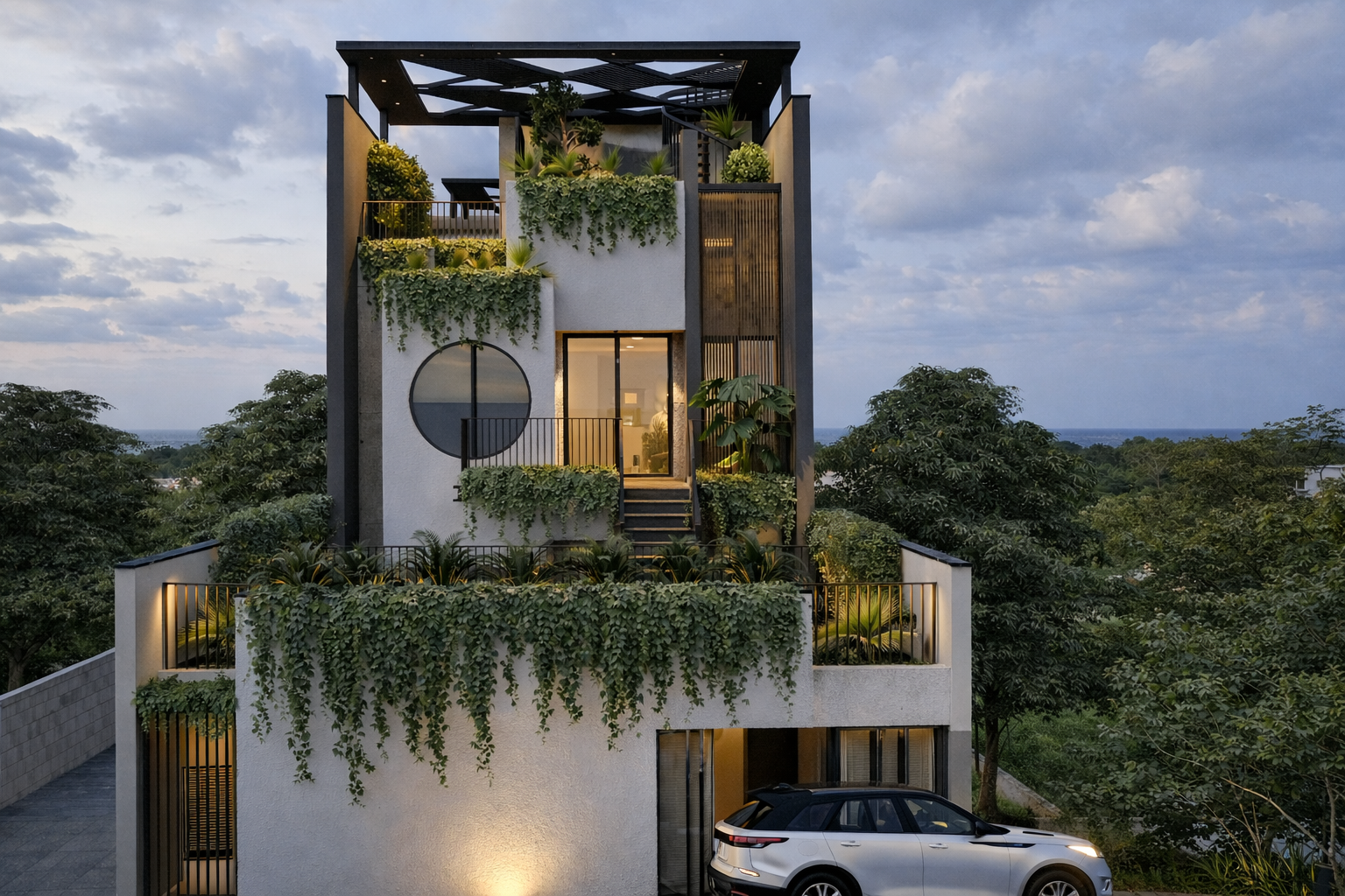 A contemporary tropical residence in Ghaziabad that blends bold architectural massing with cascading greenery, creating a seamless connection between nature and modern living.