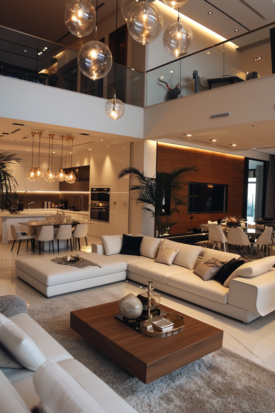 A contemporary luxury villa in Ranchi featuring modern architecture, double-height spaces, bespoke interiors, expansive glazing, designer kitchens, and seamless indoor-outdoor living.