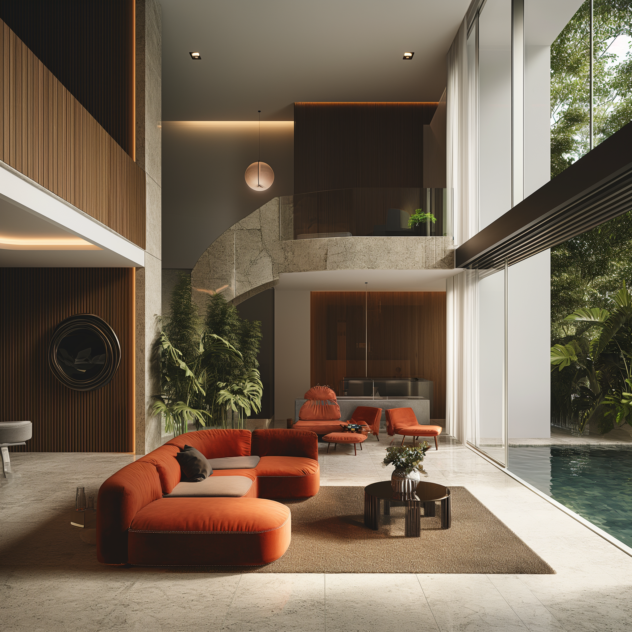 A contemporary luxury villa in Ranchi featuring modern architecture, double-height spaces, bespoke interiors, expansive glazing, designer kitchens, and seamless indoor-outdoor living.