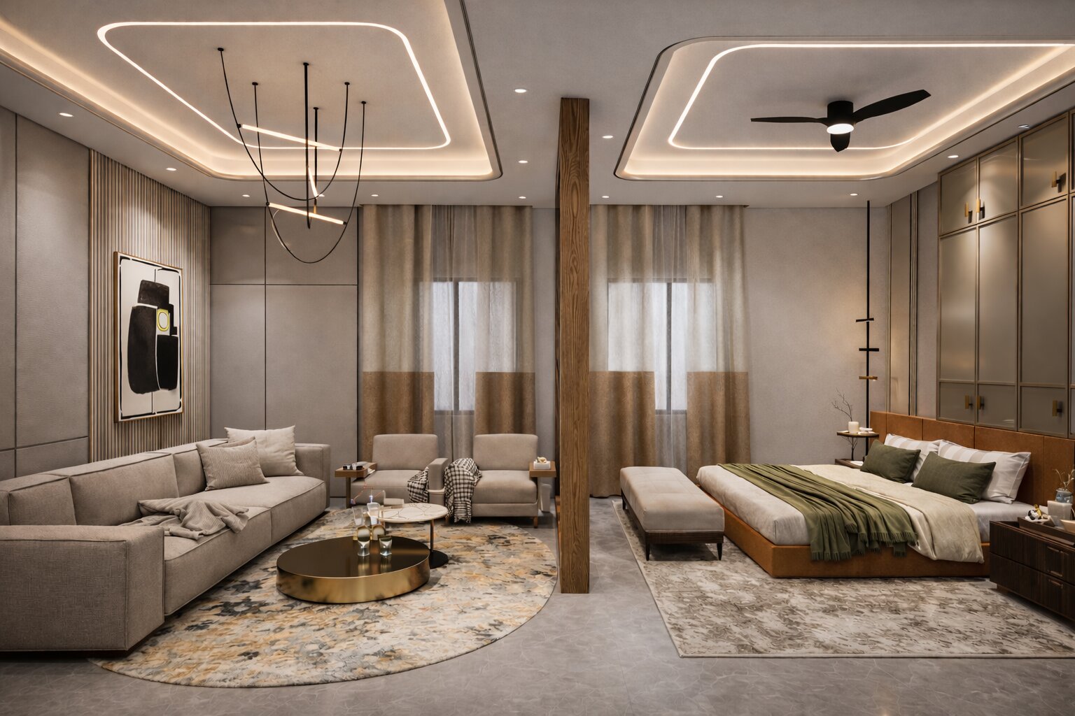 Modern Luxury Residence at Ireo Gurgaon Hills, Gurugram – A 5000 Sq. Ft. bespoke home designed with contemporary aesthetics, refined material palette, and functional luxury. The residence seamlessly blends warm textures, premium finishes, and sophisticated spatial planning to create an elegant living experience.
