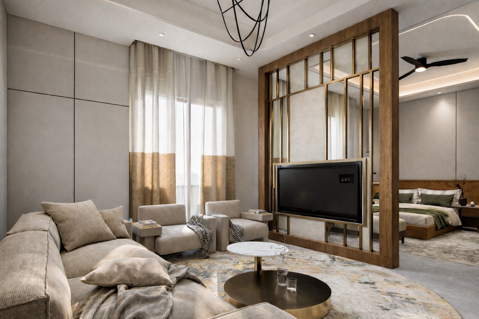 Modern Luxury Residence at Ireo Gurgaon Hills, Gurugram – A 5000 Sq. Ft. bespoke home designed with contemporary aesthetics, refined material palette, and functional luxury. The residence seamlessly blends warm textures, premium finishes, and sophisticated spatial planning to create an elegant living experience.