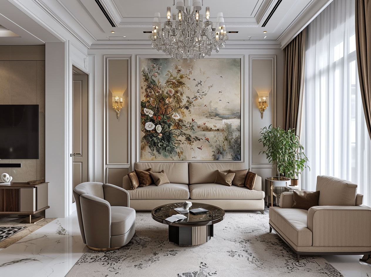 A luxury neo-classical villa in Chandigarh featuring elegant architecture, curated interiors, grand chandeliers, bespoke detailing, and resort-style outdoor living.