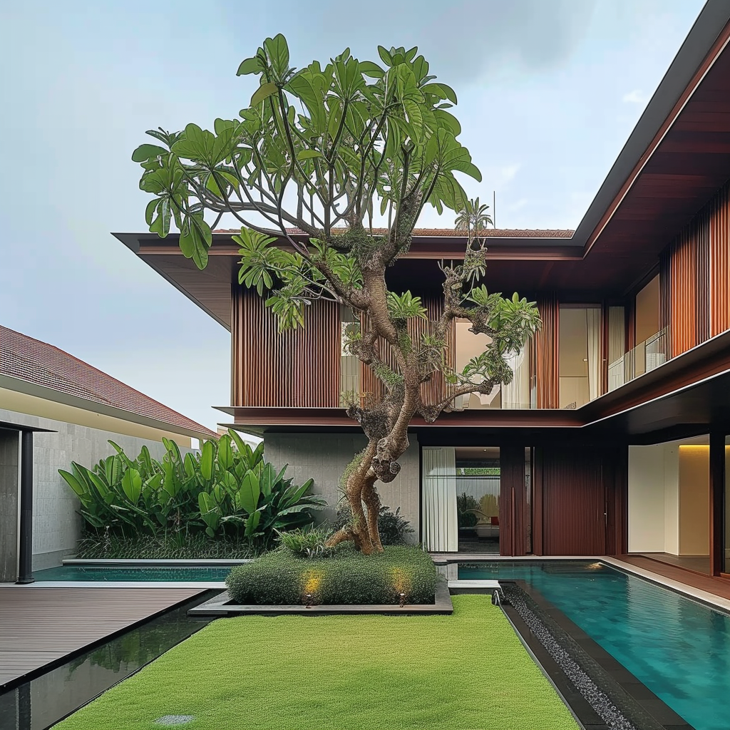 A tropical modern luxury villa featuring landscaped courtyards, reflective water bodies, contemporary architecture, bespoke interiors, and a seamless connection between nature and modern living.