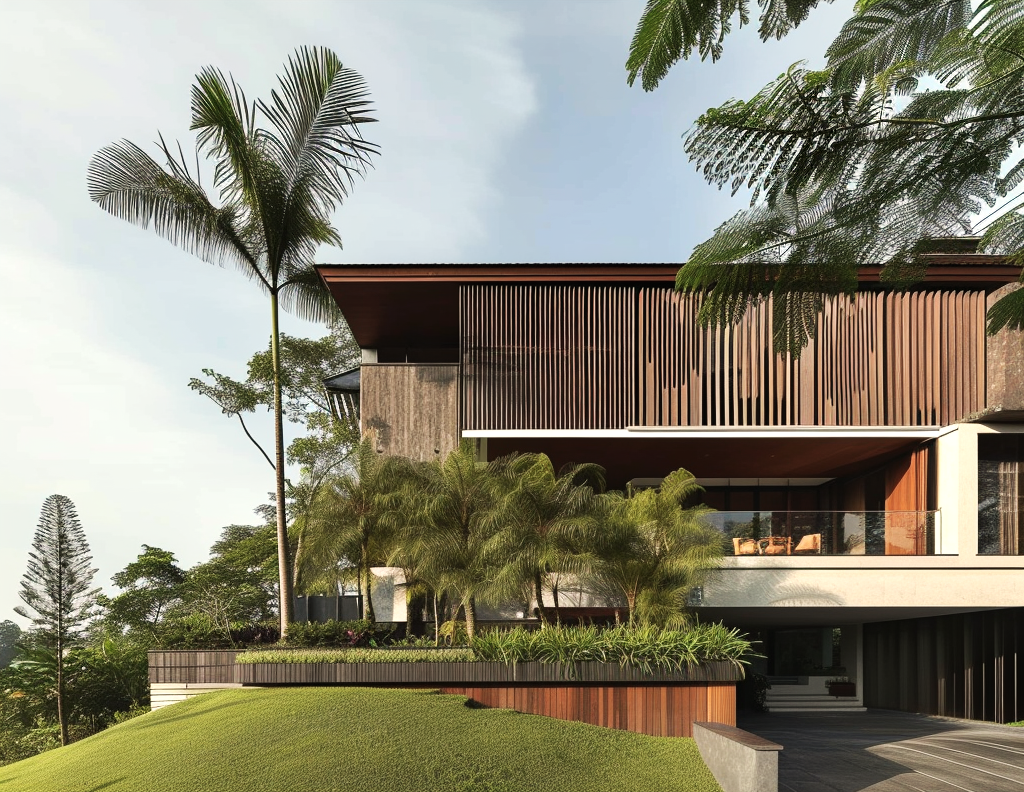 A tropical modern luxury villa featuring landscaped courtyards, reflective water bodies, contemporary architecture, bespoke interiors, and a seamless connection between nature and modern living.