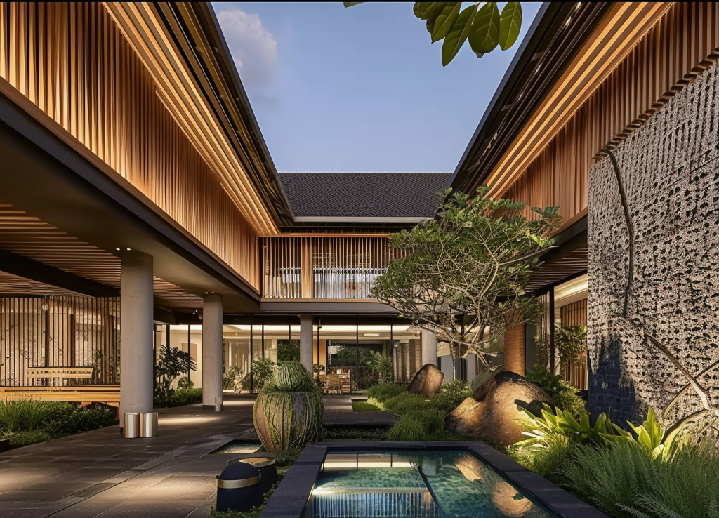 A tropical modern luxury villa featuring landscaped courtyards, reflective water bodies, contemporary architecture, bespoke interiors, and a seamless connection between nature and modern living.