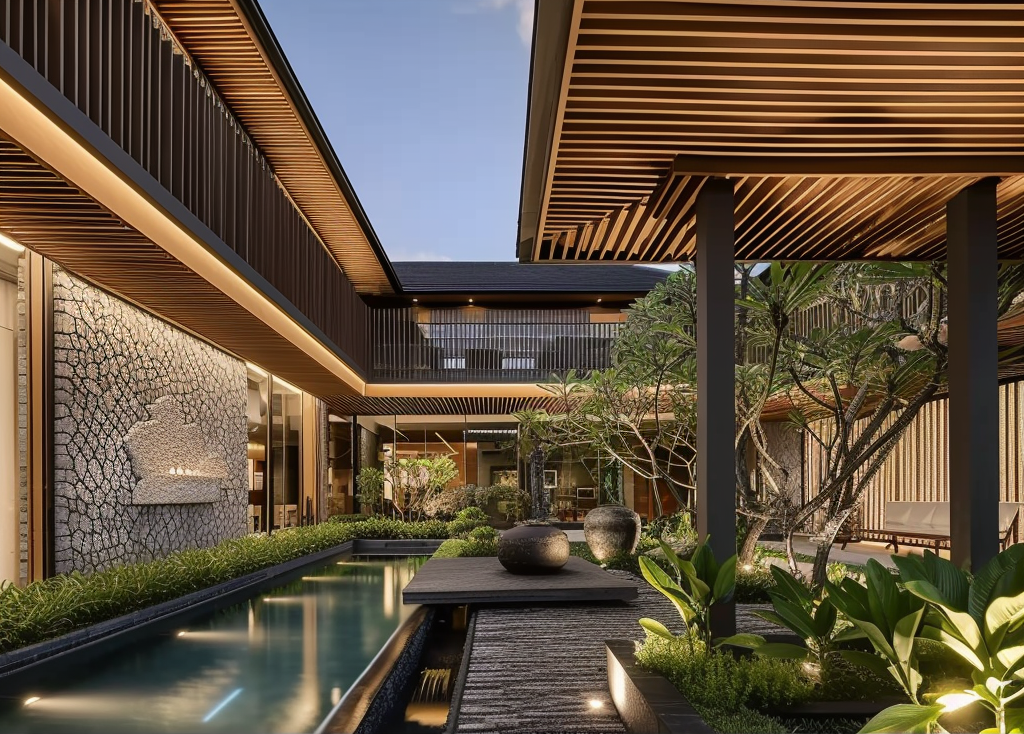 A tropical modern luxury villa featuring landscaped courtyards, reflective water bodies, contemporary architecture, bespoke interiors, and a seamless connection between nature and modern living.