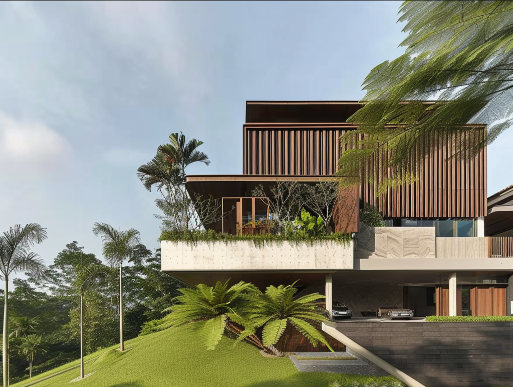A tropical modern luxury villa featuring landscaped courtyards, reflective water bodies, contemporary architecture, bespoke interiors, and a seamless connection between nature and modern living.