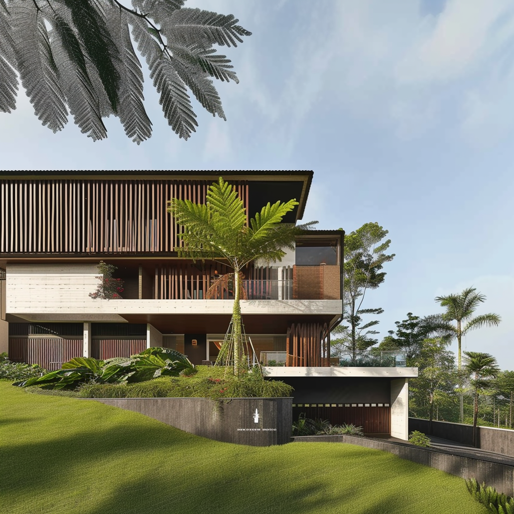 A tropical modern luxury villa featuring landscaped courtyards, reflective water bodies, contemporary architecture, bespoke interiors, and a seamless connection between nature and modern living.