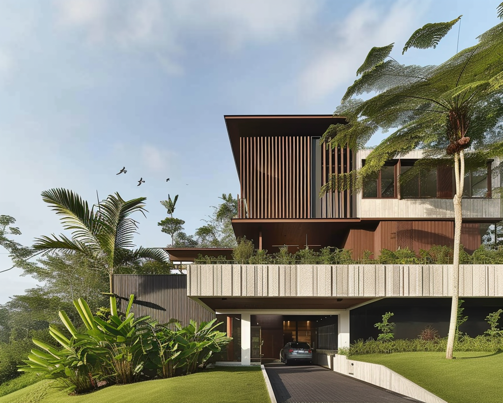 A tropical modern luxury villa featuring landscaped courtyards, reflective water bodies, contemporary architecture, bespoke interiors, and a seamless connection between nature and modern living.