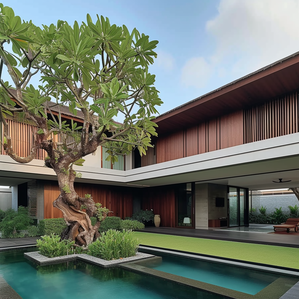 A tropical modern luxury villa featuring landscaped courtyards, reflective water bodies, contemporary architecture, bespoke interiors, and a seamless connection between nature and modern living.