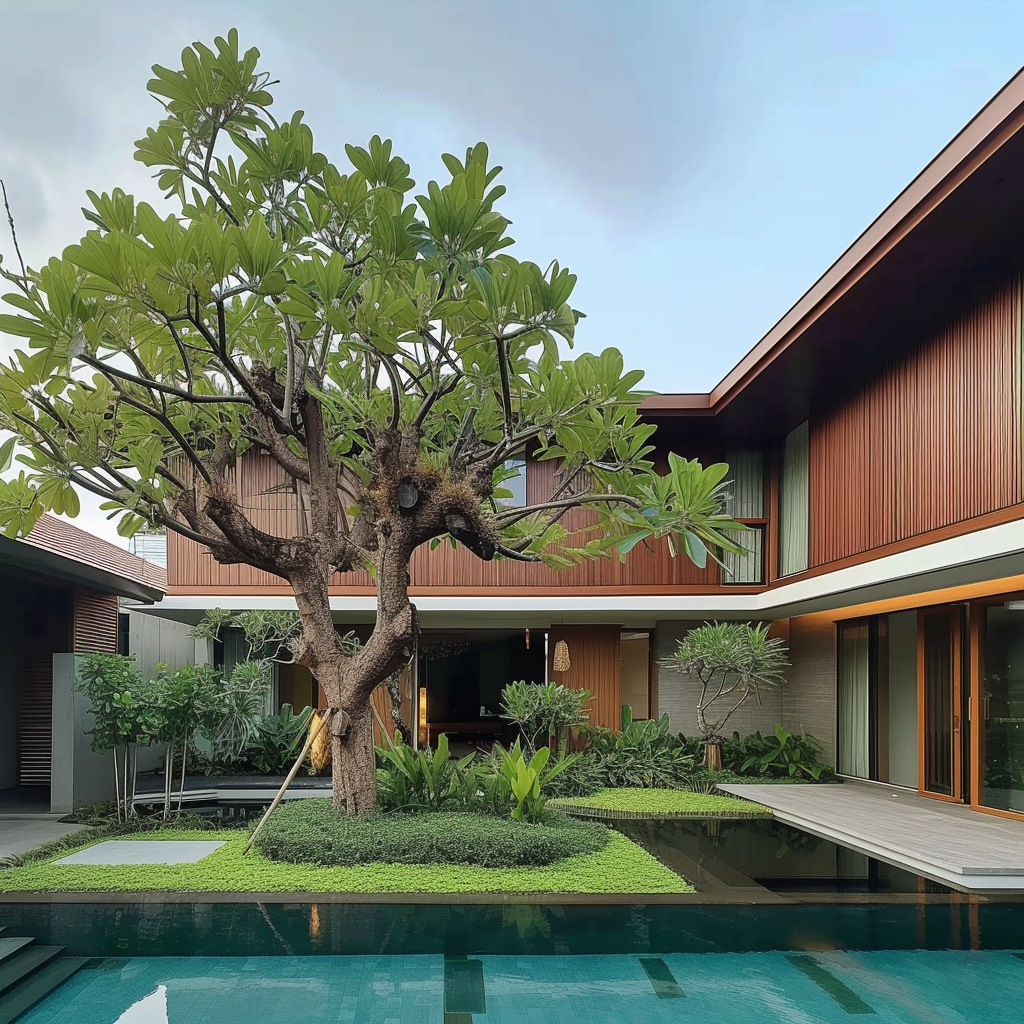 A tropical modern luxury villa featuring landscaped courtyards, reflective water bodies, contemporary architecture, bespoke interiors, and a seamless connection between nature and modern living.