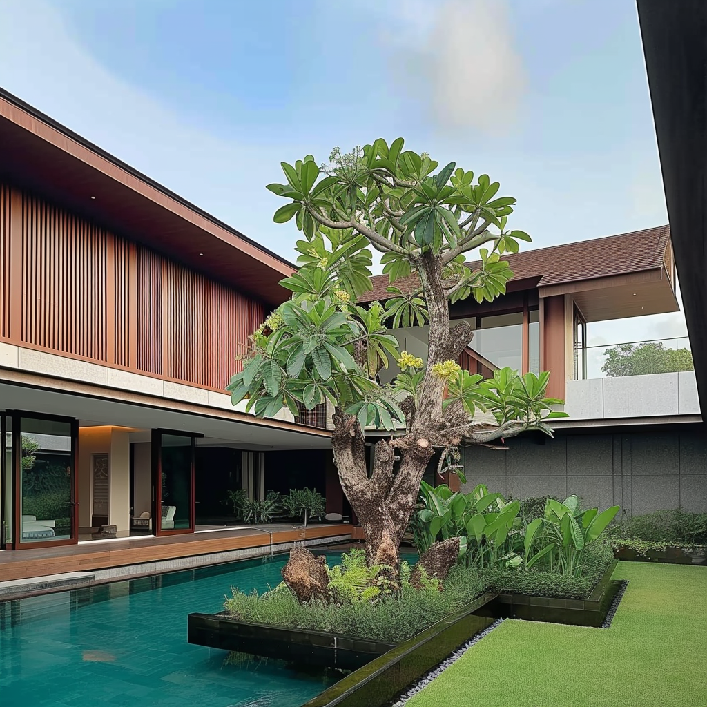 A tropical modern luxury villa featuring landscaped courtyards, reflective water bodies, contemporary architecture, bespoke interiors, and a seamless connection between nature and modern living.