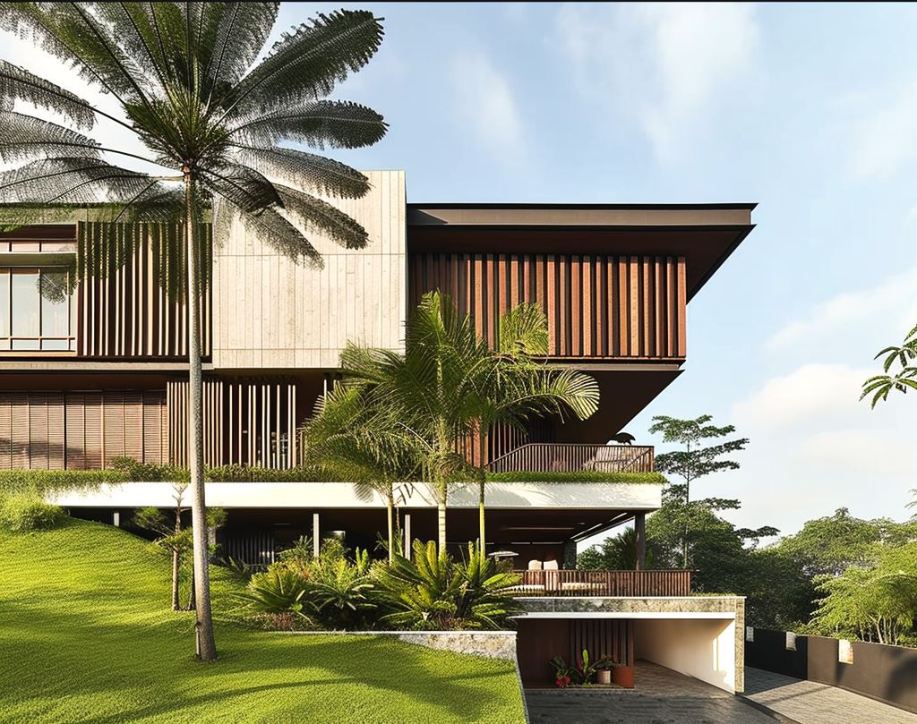 A tropical modern luxury villa featuring landscaped courtyards, reflective water bodies, contemporary architecture, bespoke interiors, and a seamless connection between nature and modern living.