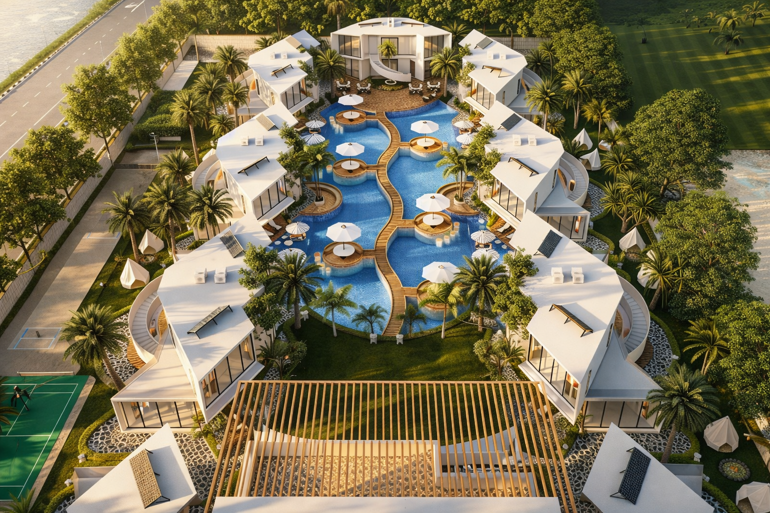 A premium luxury resort in Greater Noida designed to deliver an exclusive hospitality experience. The project features contemporary villas, private pool suites, waterfront leisure spaces, wellness amenities, landscaped gardens, and world-class recreational facilities, creating the perfect blend of luxury, comfort, and nature-inspired living.